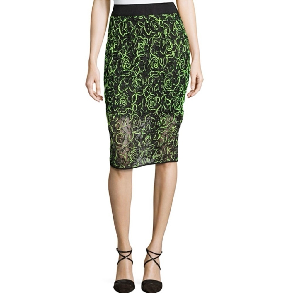 MILLY Wool Floret Webbing Embroidery Pencil Skirt 4 Neon Green &Black Half Sheer